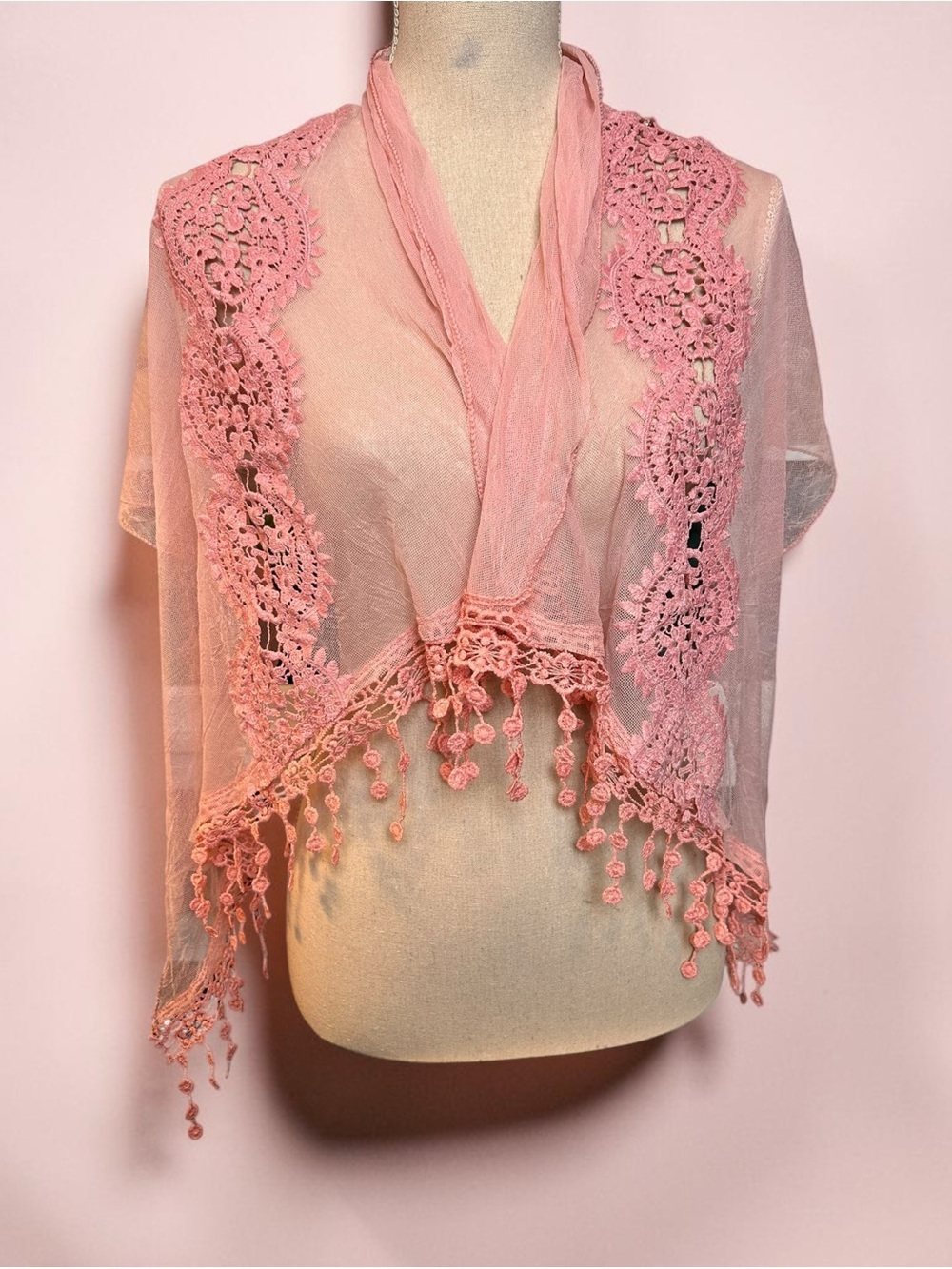 Marie-Claire Pink Lace Mesh Tassel Shawl Wrap Scarf Boho Romantic Feminine